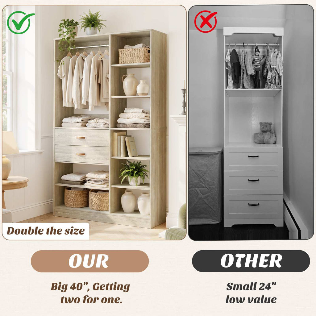 40'' Stand-Alone Closet System with 2 Wood Drawers, Garment Organizer System with Hanging Rod