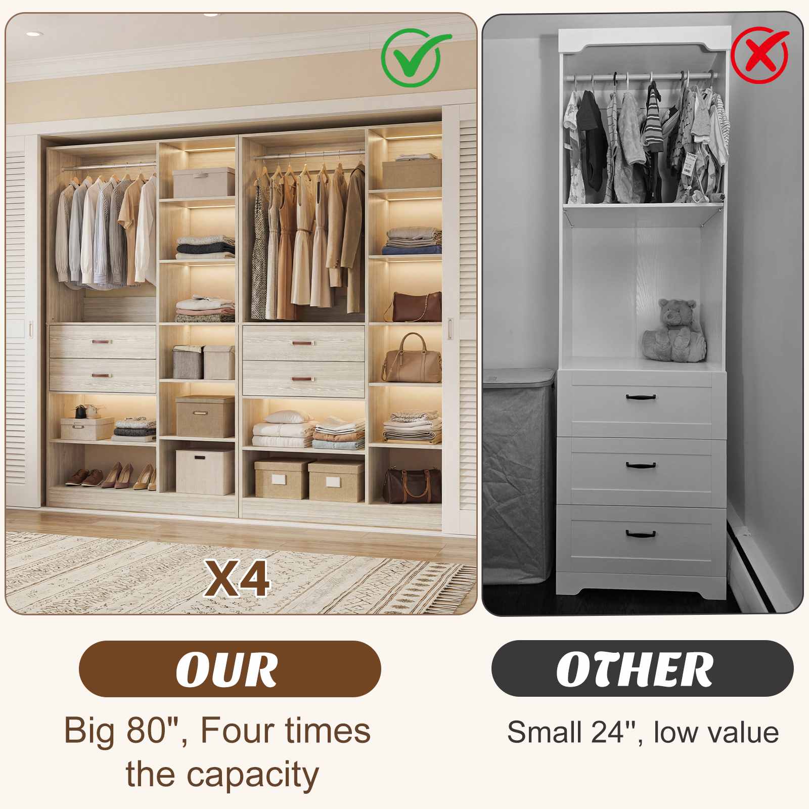 80'' Stand-Alone Closet System with 4 Wood Drawers, Garment Organizer System with Hanging Rod