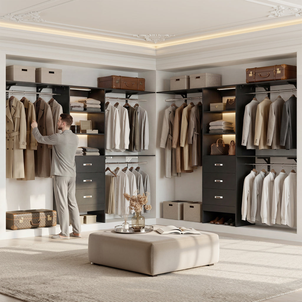 96" Wall Mounted Closet System with LED, Walk-In Style Wood Closet Organizer Cut to Fit 4-8FT with 3 Drawers & Top Shelf