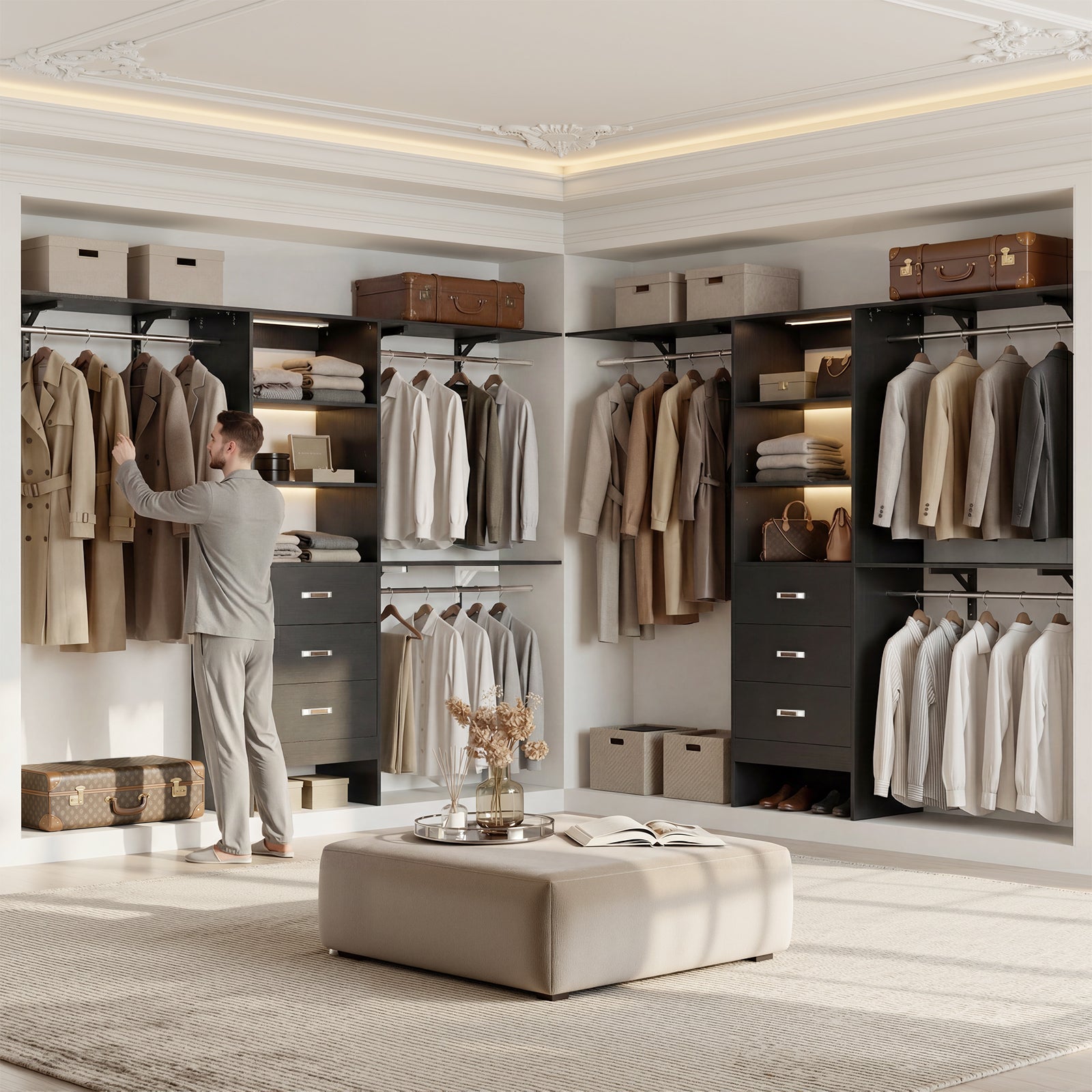 96" Wall Mounted Closet System with LED, Walk-In Style Wood Closet Organizer Cut to Fit 4-8FT with 3 Drawers & Top Shelf