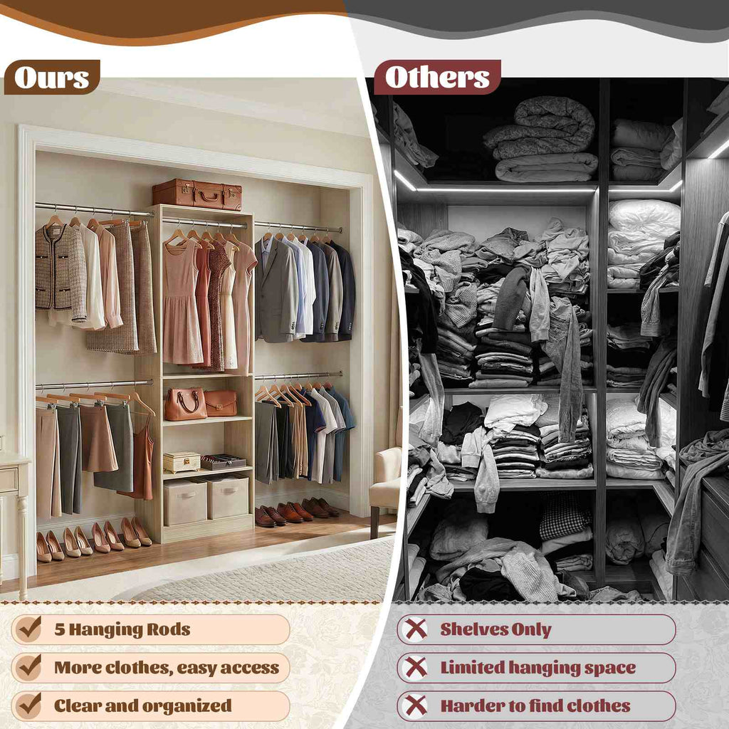 12FT Large Open Closet System, 138'' Wall-Mounted Closet Shelving with 5 Hanging Rods and 6 Shelves