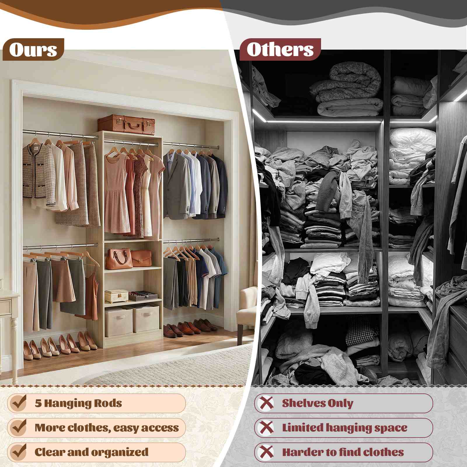 12FT Large Open Closet System, 138'' Wall-Mounted Closet Shelving with 5 Hanging Rods and 6 Shelves