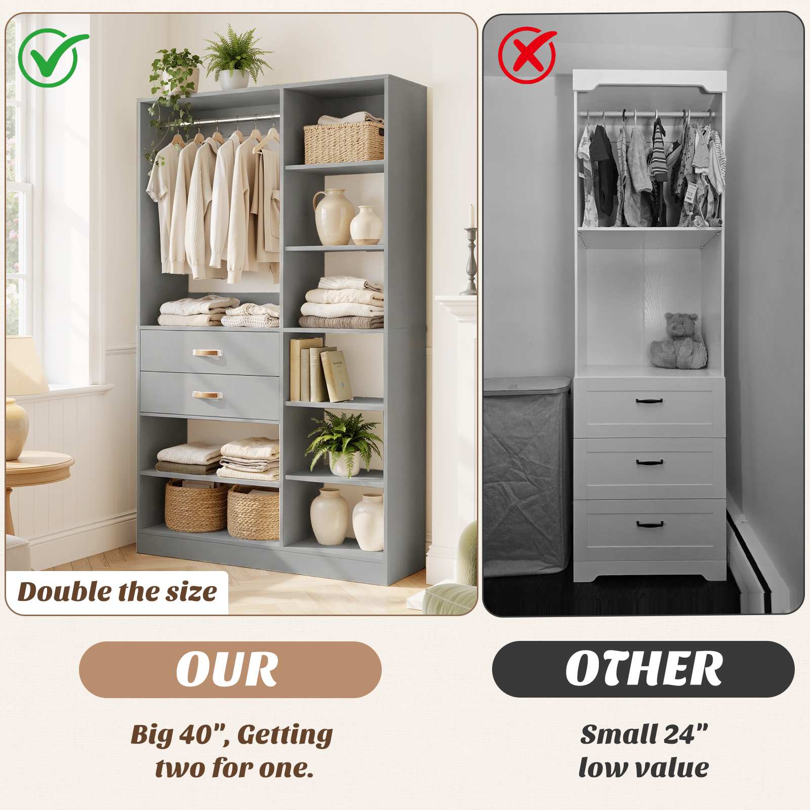 40'' Stand-Alone Closet System with 2 Wood Drawers, Garment Organizer System with Hanging Rod