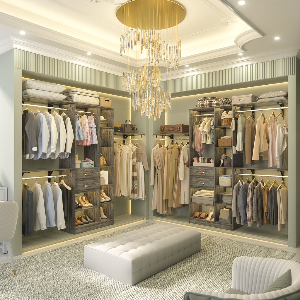 8FT Heavy Duty Wood Closet System with 2 Drawers & 4 Adjustable Hanging Rods & 9-Cube Shelving