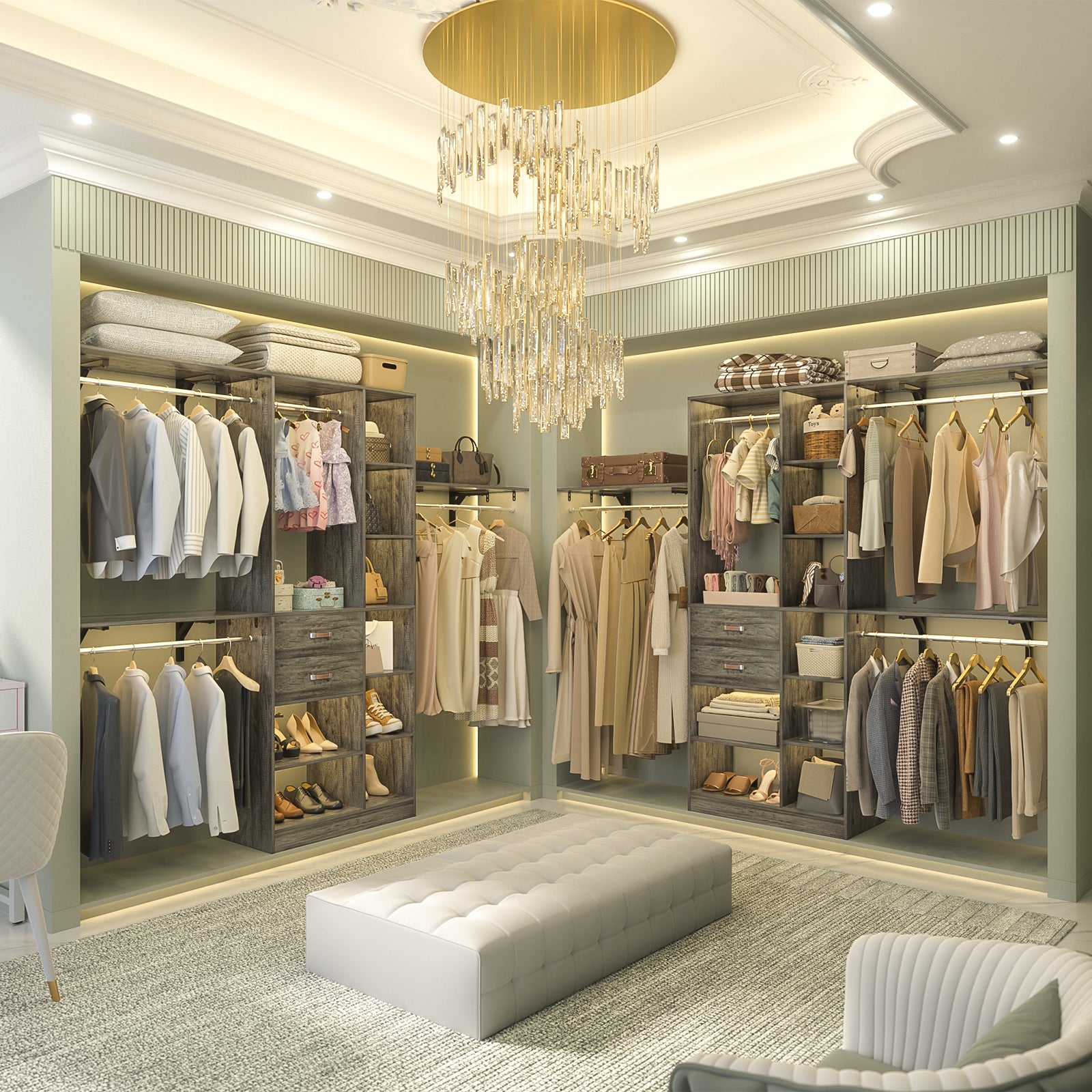 8FT Heavy Duty Wood Closet System with 2 Drawers & 4 Adjustable Hanging Rods & 9-Cube Shelving
