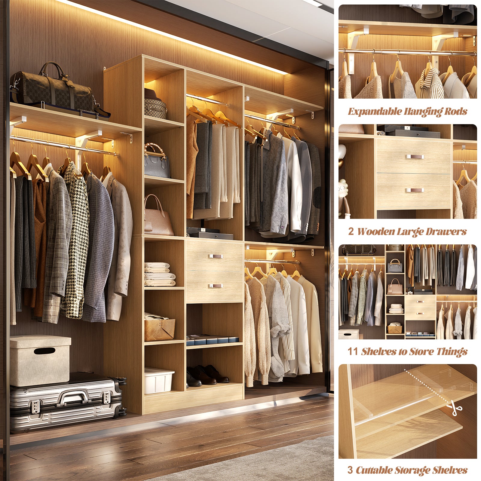 8FT Heavy Duty Wood Closet System with 2 Drawers & 4 Adjustable Hanging Rods & 9-Cube Shelving