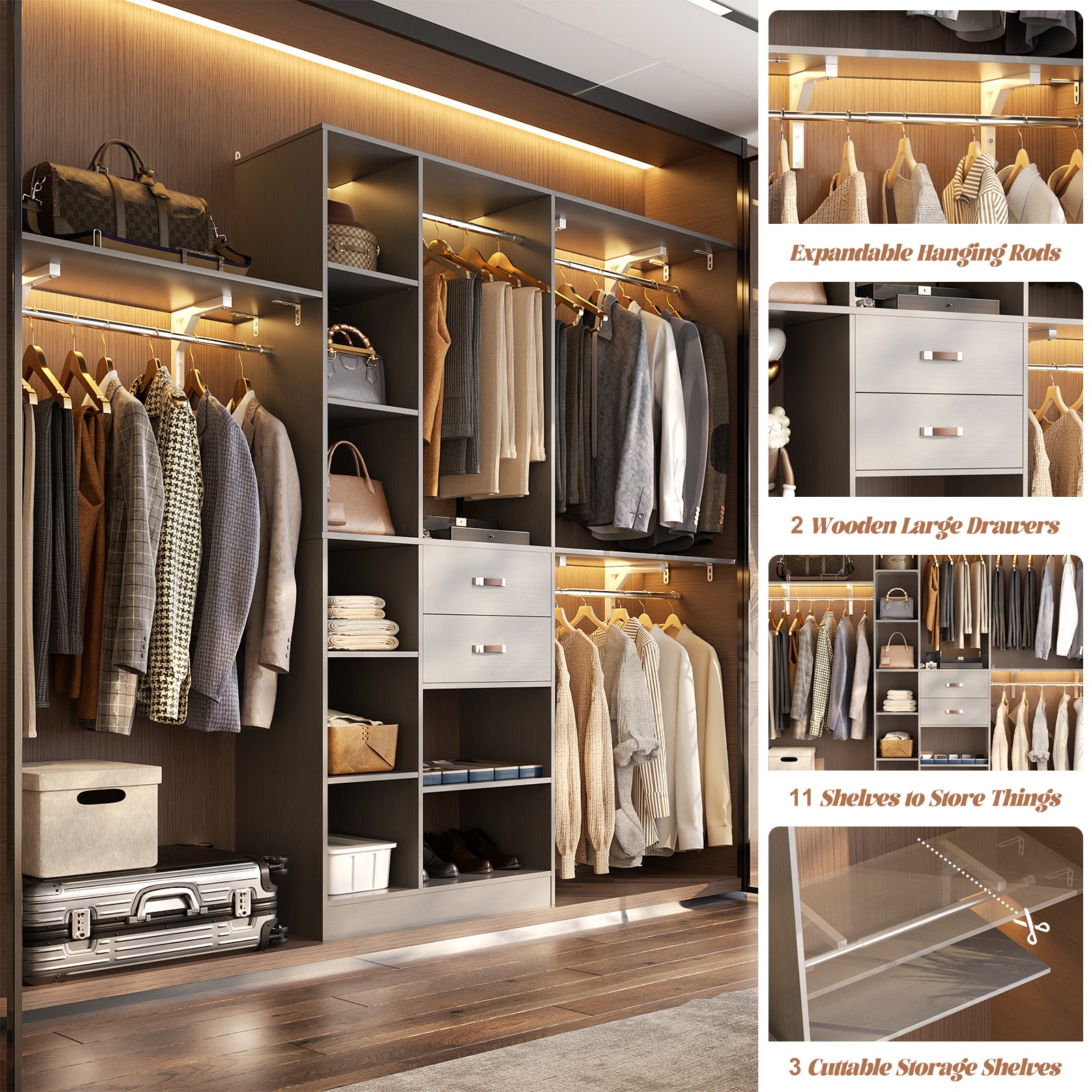 8FT Heavy Duty Wood Closet System with 2 Drawers & 4 Adjustable Hanging Rods & 9-Cube Shelving