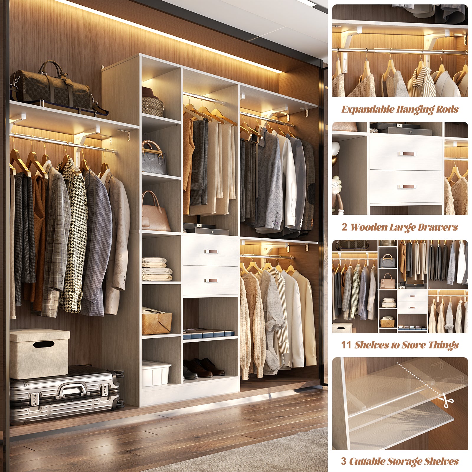 8FT Heavy Duty Wood Closet System with 2 Drawers & 4 Adjustable Hanging Rods & 9-Cube Shelving
