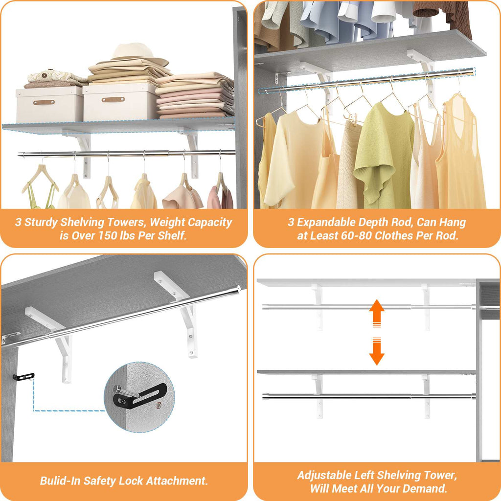 96'' Closet System with 3 Hanging Rods, Adjustable Cloth Garment Rack from 5 to 8FT