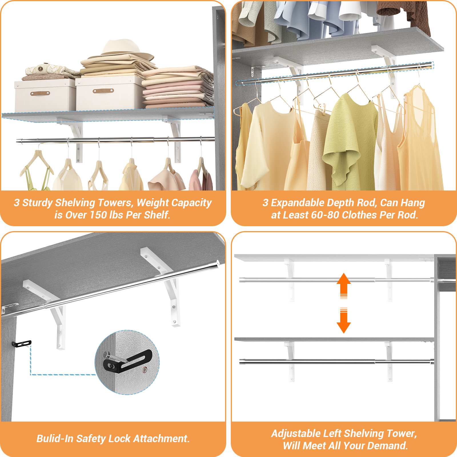 96'' Closet System with 3 Hanging Rods, Adjustable Cloth Garment Rack from 5 to 8FT