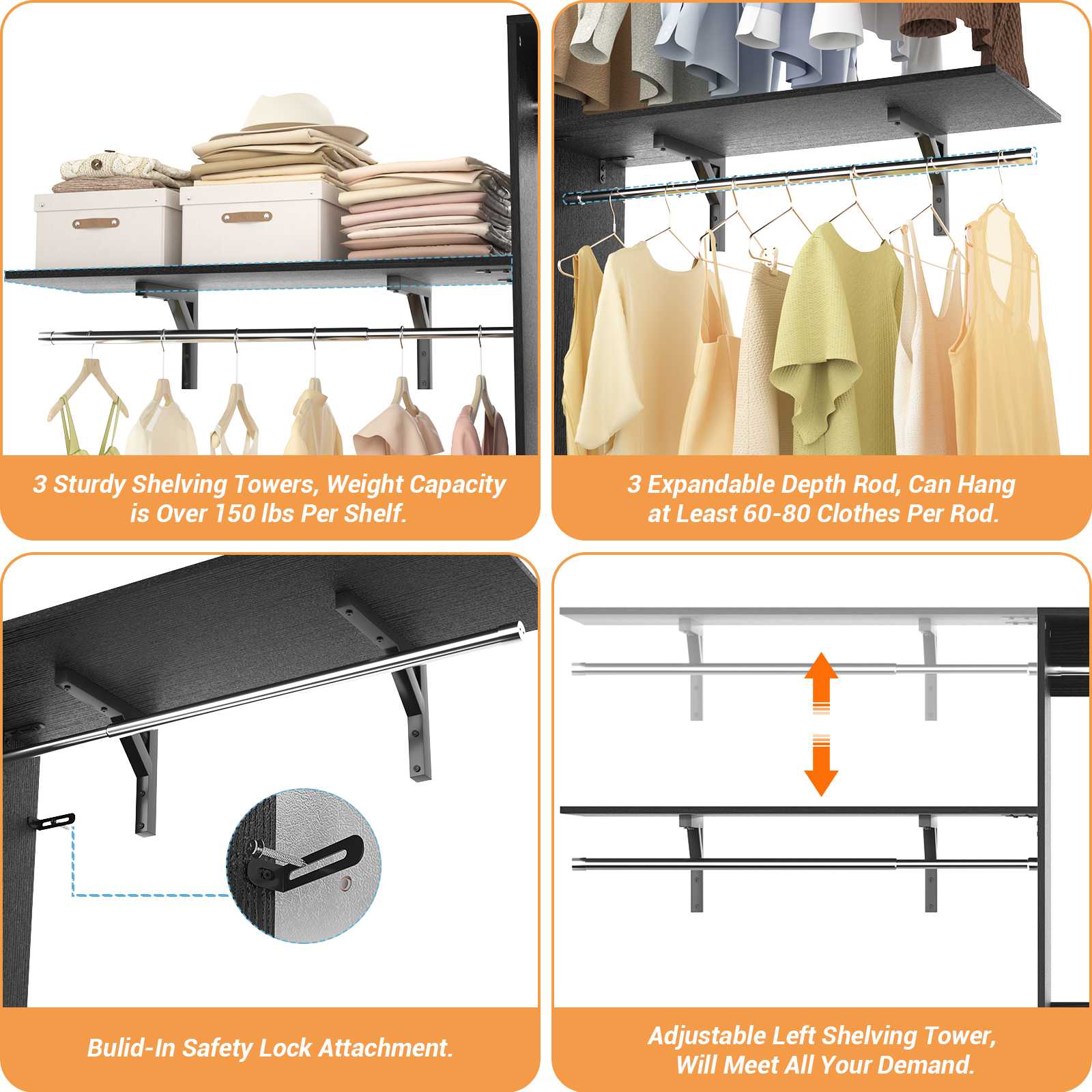 96'' Closet System with 3 Hanging Rods, Adjustable Cloth Garment Rack from 5 to 8FT