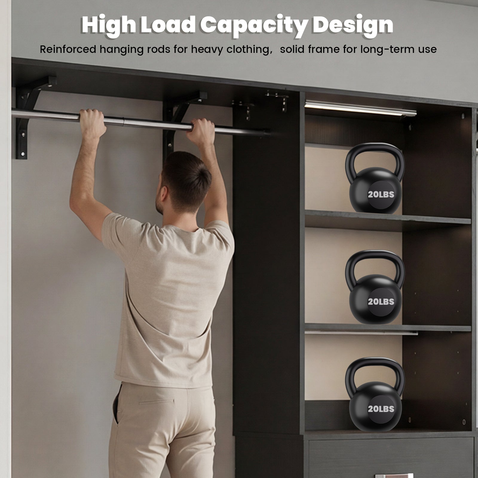 96" Wall Mounted Closet System with LED, Walk-In Style Wood Closet Organizer Cut to Fit 4-8FT with 3 Drawers & Top Shelf