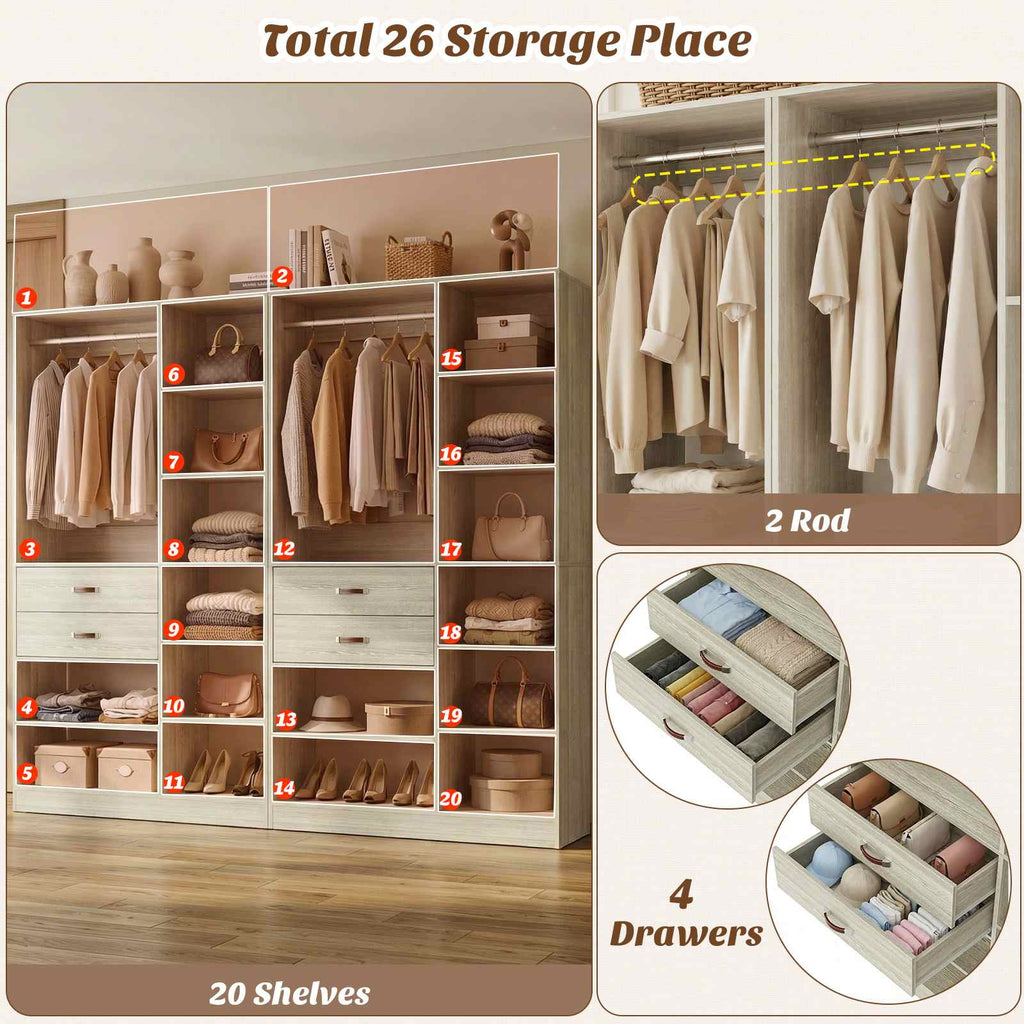 80'' Stand-Alone Closet System with 4 Wood Drawers, Garment Organizer System with Hanging Rod