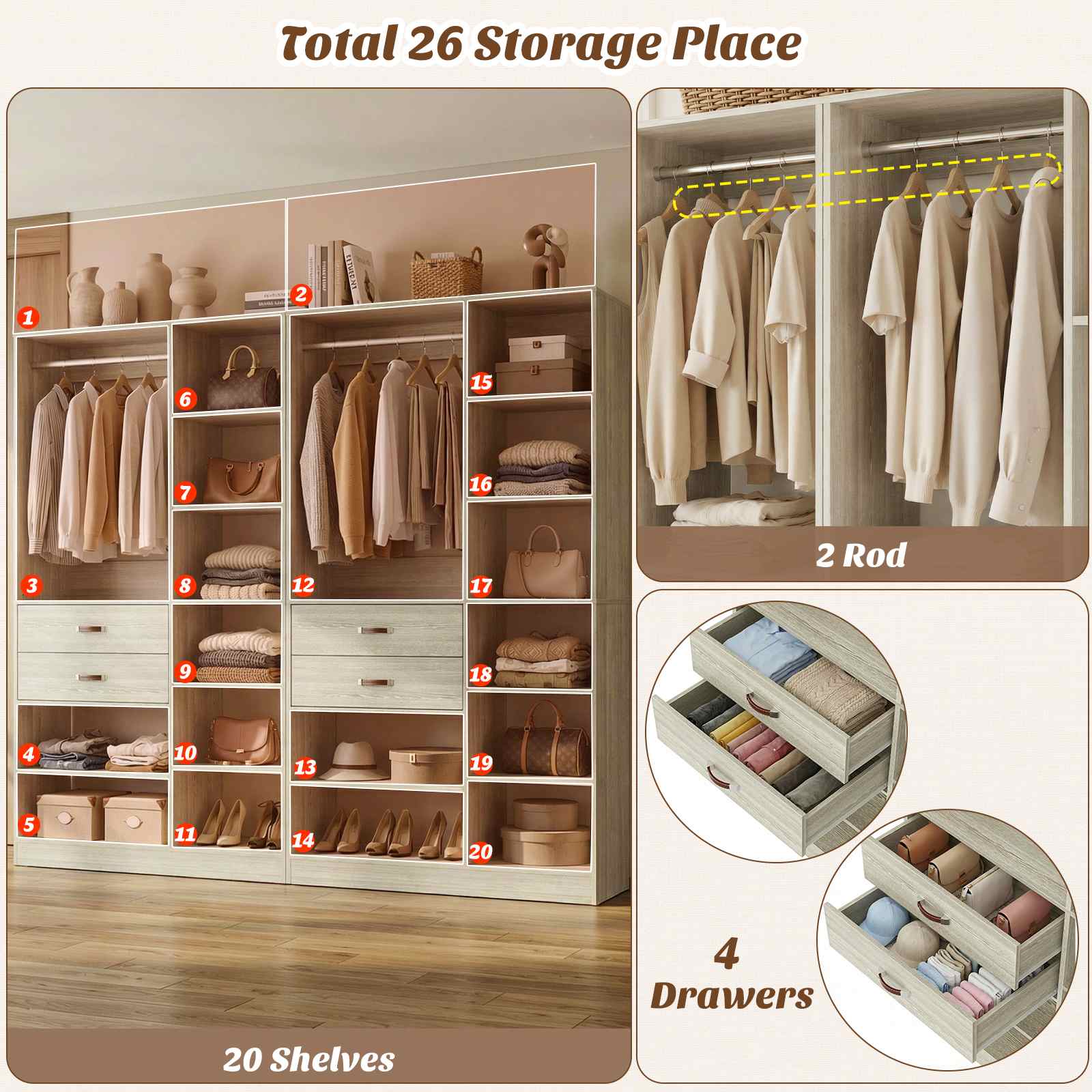 80'' Stand-Alone Closet System with 4 Wood Drawers, Garment Organizer System with Hanging Rod