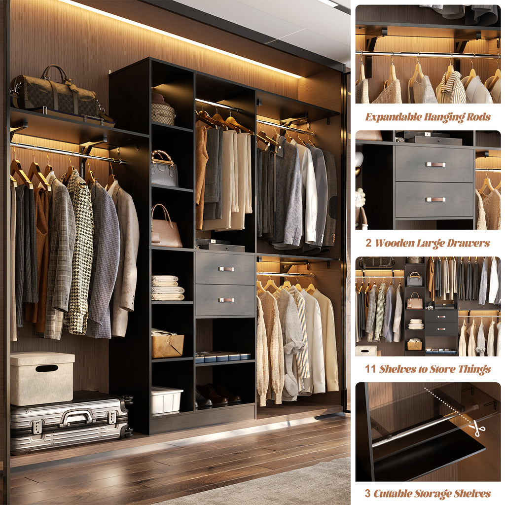 8FT Heavy Duty Wood Closet System with 2 Drawers & 4 Adjustable Hanging Rods & 9-Cube Shelving