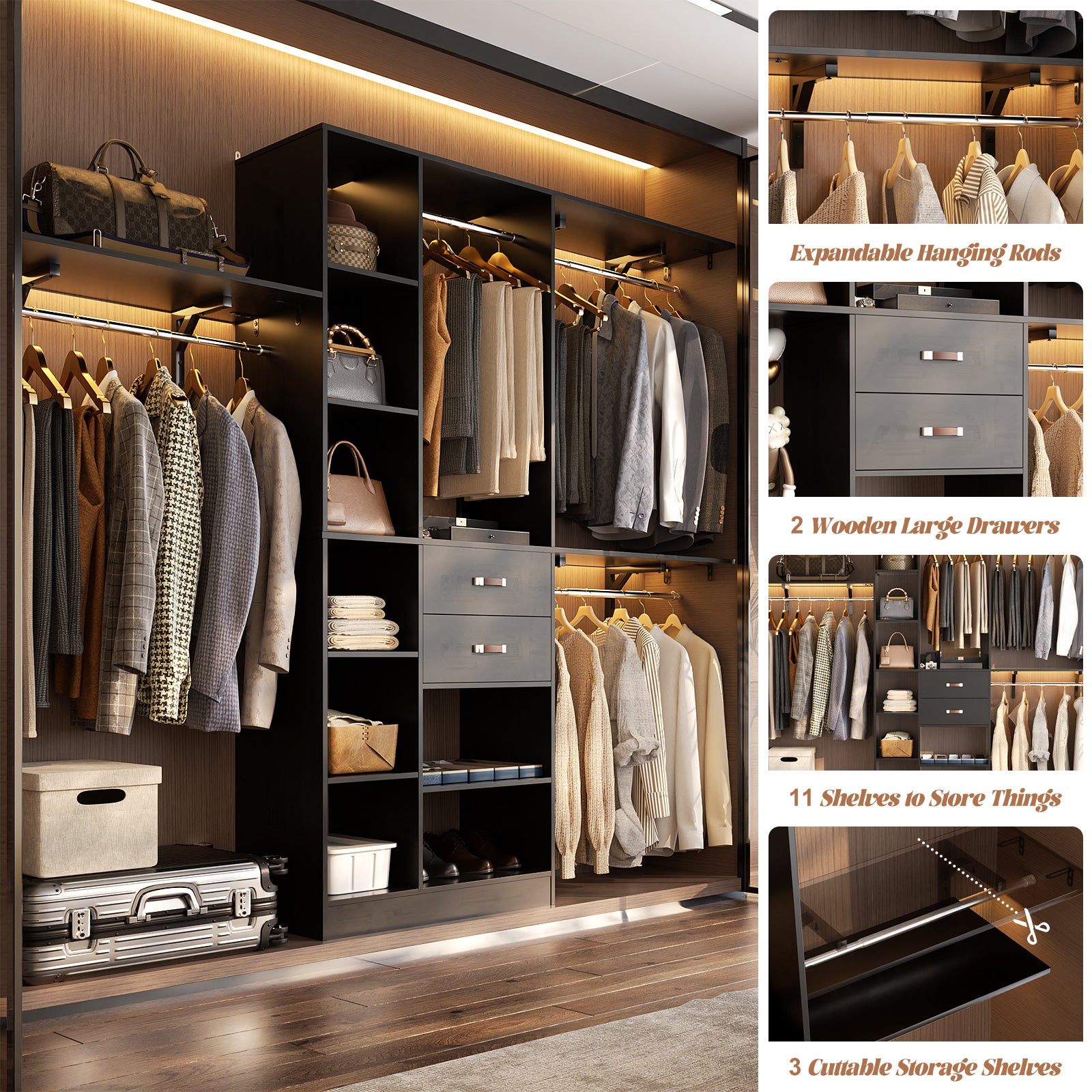 8FT Heavy Duty Wood Closet System with 2 Drawers & 4 Adjustable Hanging Rods & 9-Cube Shelving