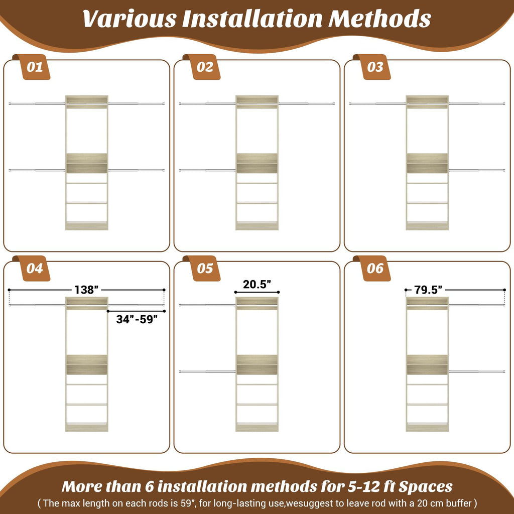 12FT Large Open Closet System, 138'' Wall-Mounted Closet Shelving with 5 Hanging Rods and 6 Shelves