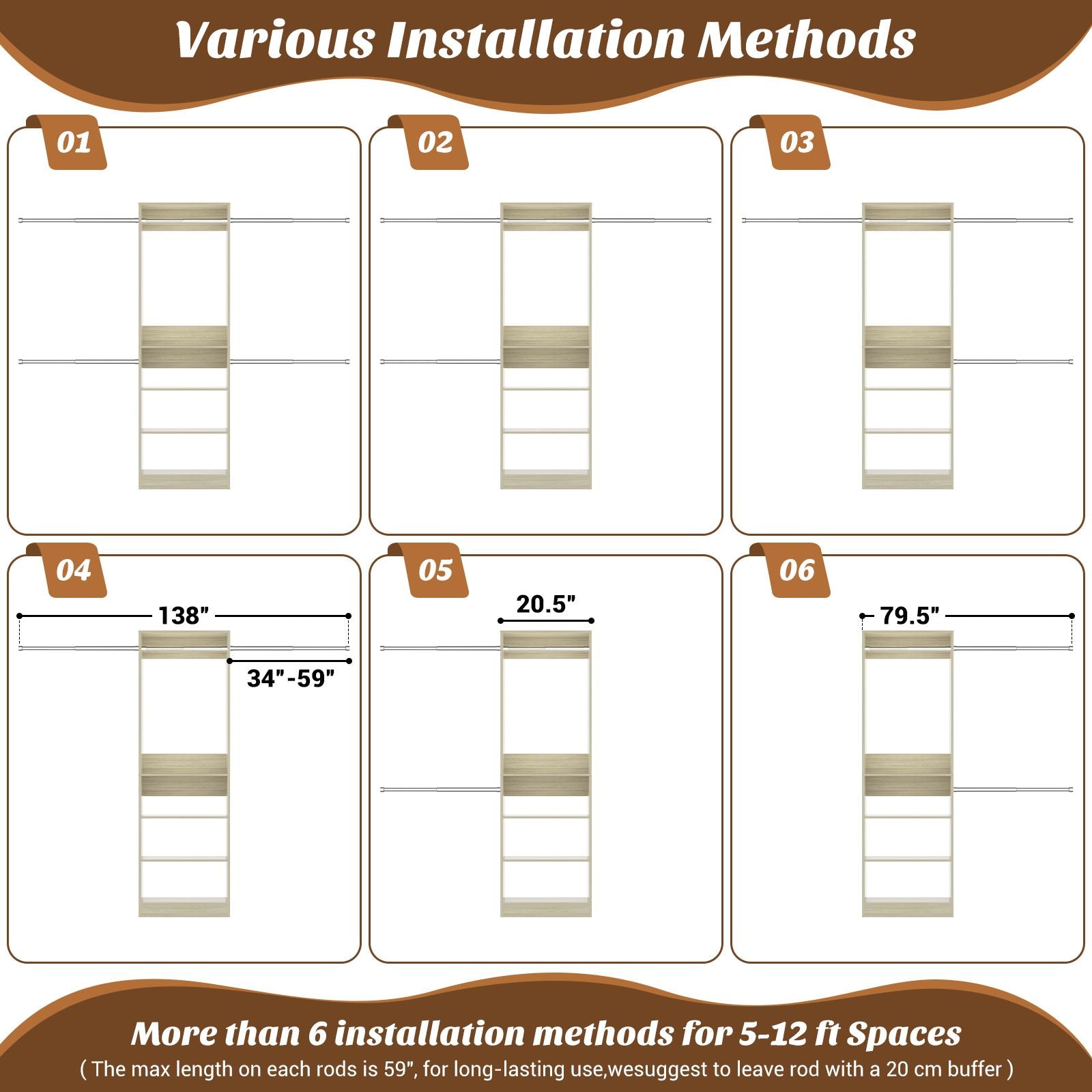 12FT Large Open Closet System, 138'' Wall-Mounted Closet Shelving with 5 Hanging Rods and 6 Shelves