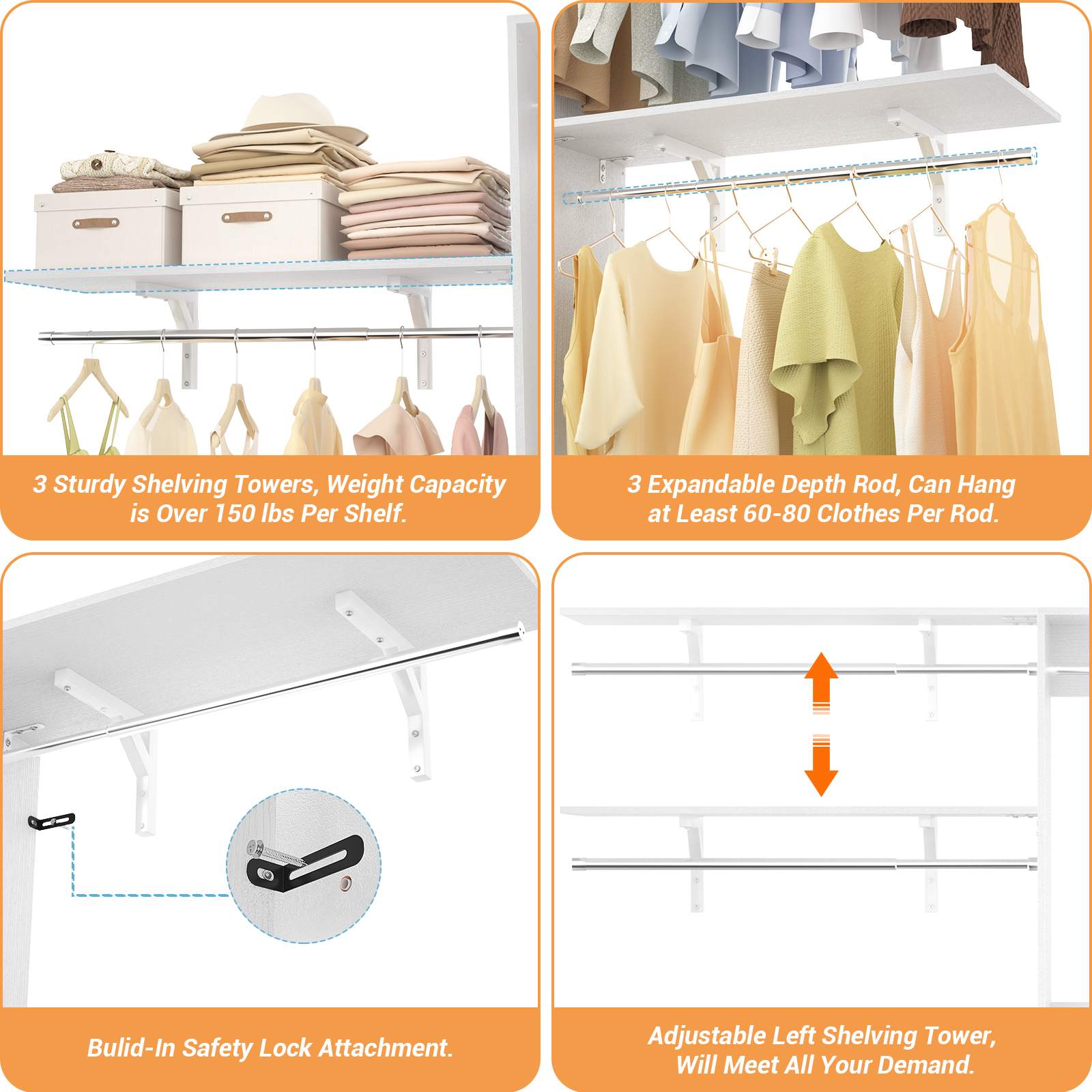 96'' Closet System with 3 Hanging Rods, Adjustable Cloth Garment Rack from 5 to 8FT