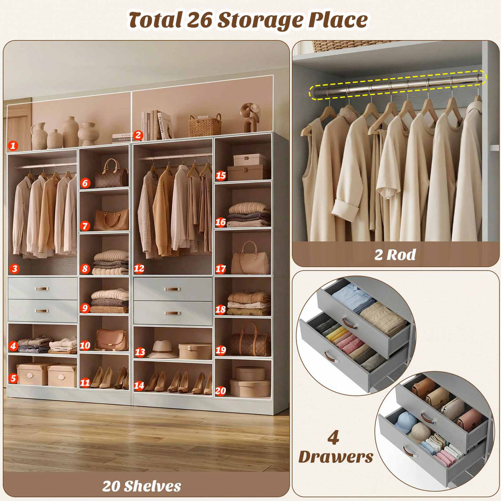 80'' Stand-Alone Closet System with 4 Wood Drawers, Garment Organizer System with Hanging Rod