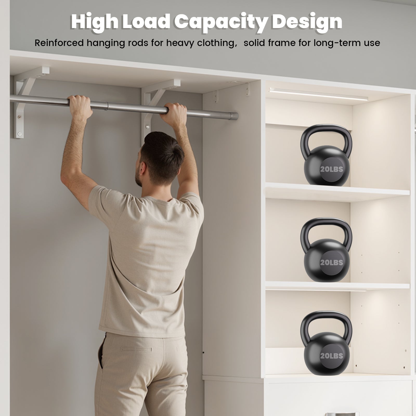 96" Wall Mounted Closet System with LED, Walk-In Style Wood Closet Organizer Cut to Fit 4-8FT with 3 Drawers & Top Shelf