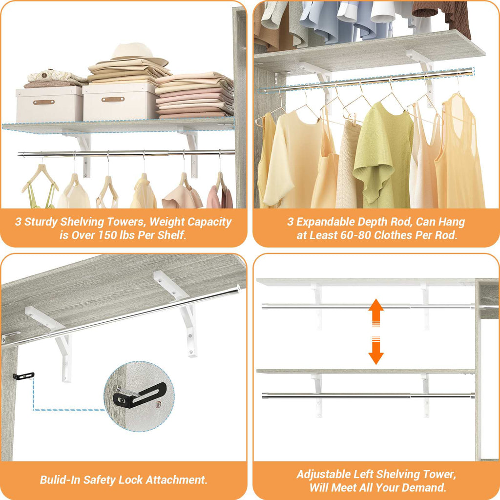 96'' Closet System with 3 Hanging Rods, Adjustable Cloth Garment Rack from 5 to 8FT