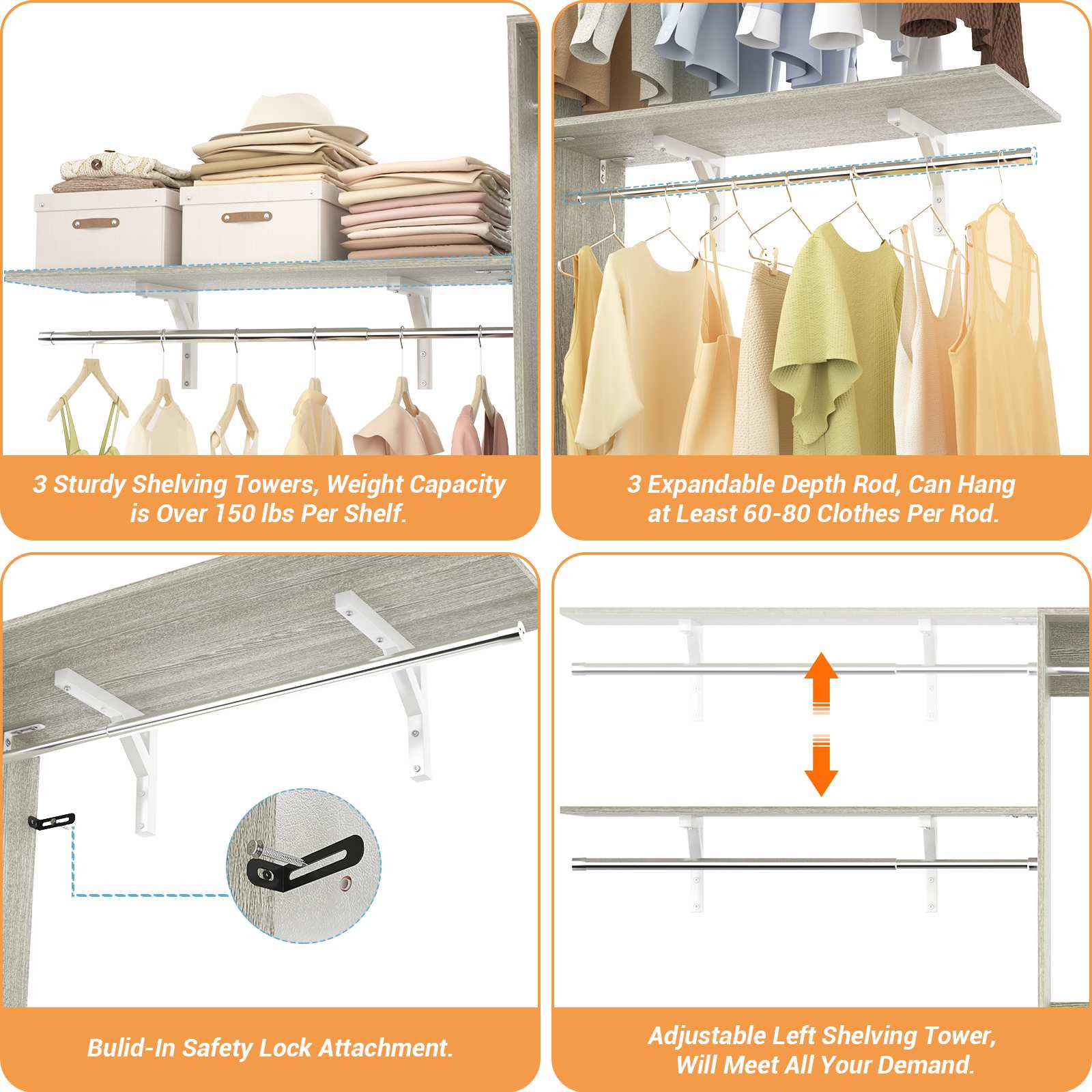 96'' Closet System with 3 Hanging Rods, Adjustable Cloth Garment Rack from 5 to 8FT