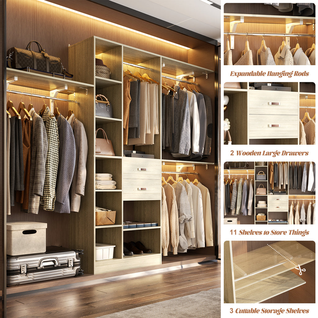 8FT Heavy Duty Wood Closet System with 2 Drawers & 4 Adjustable Hanging Rods & 9-Cube Shelving