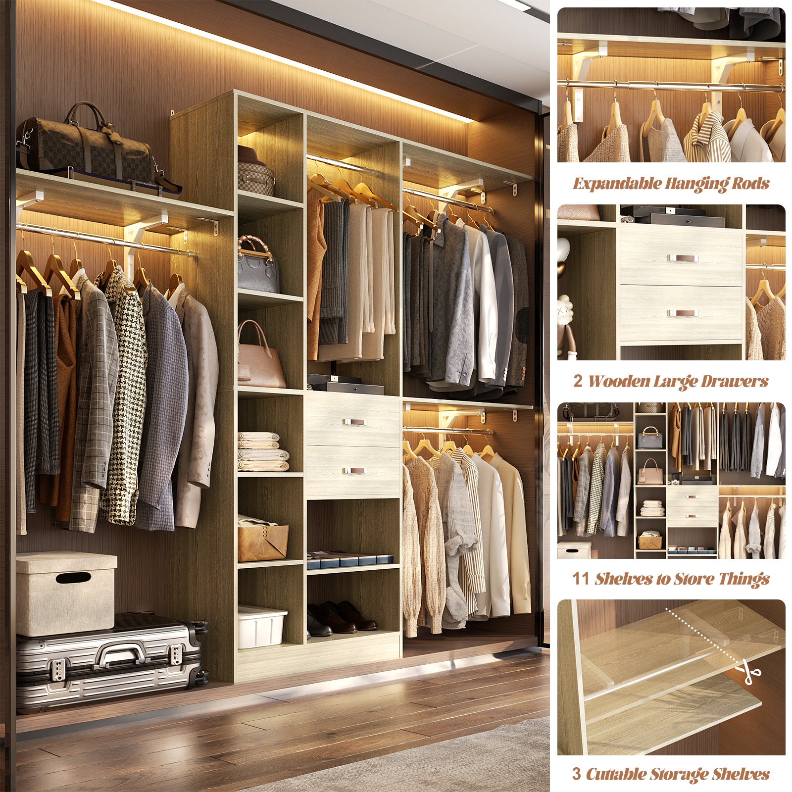 8FT Heavy Duty Wood Closet System with 2 Drawers & 4 Adjustable Hanging Rods & 9-Cube Shelving