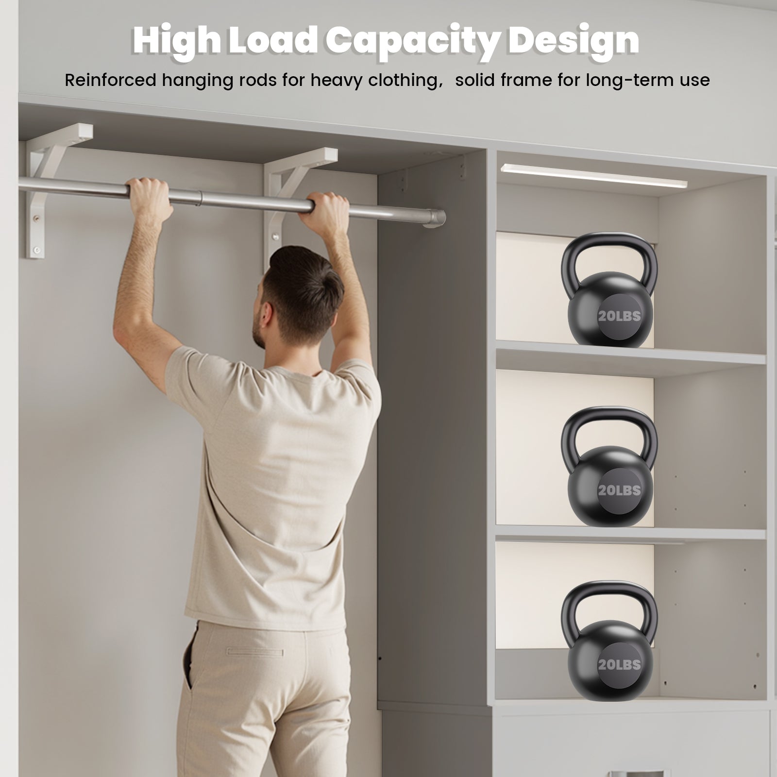 96" Wall Mounted Closet System with LED, Walk-In Style Wood Closet Organizer Cut to Fit 4-8FT with 3 Drawers & Top Shelf