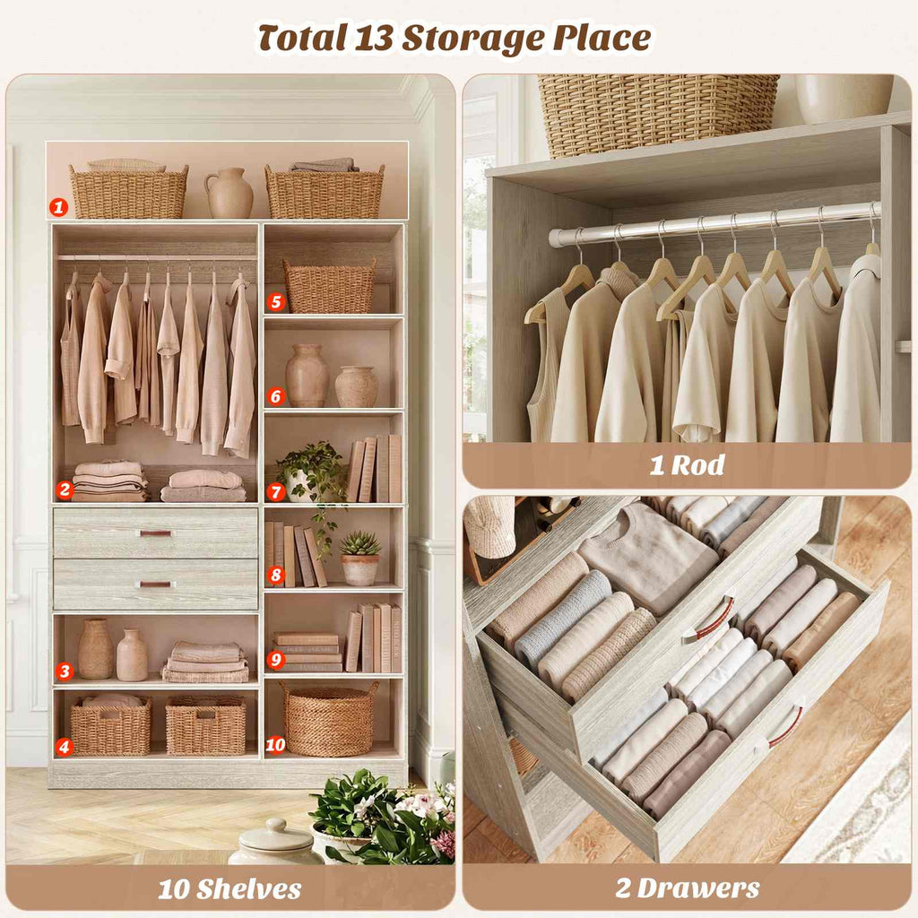 40'' Stand-Alone Closet System with 2 Wood Drawers, Garment Organizer System with Hanging Rod