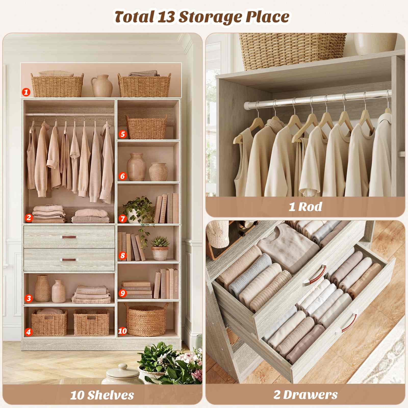 40'' Stand-Alone Closet System with 2 Wood Drawers, Garment Organizer System with Hanging Rod