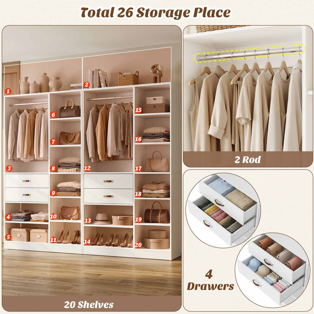 80'' Stand-Alone Closet System with 4 Wood Drawers, Garment Organizer System with Hanging Rod