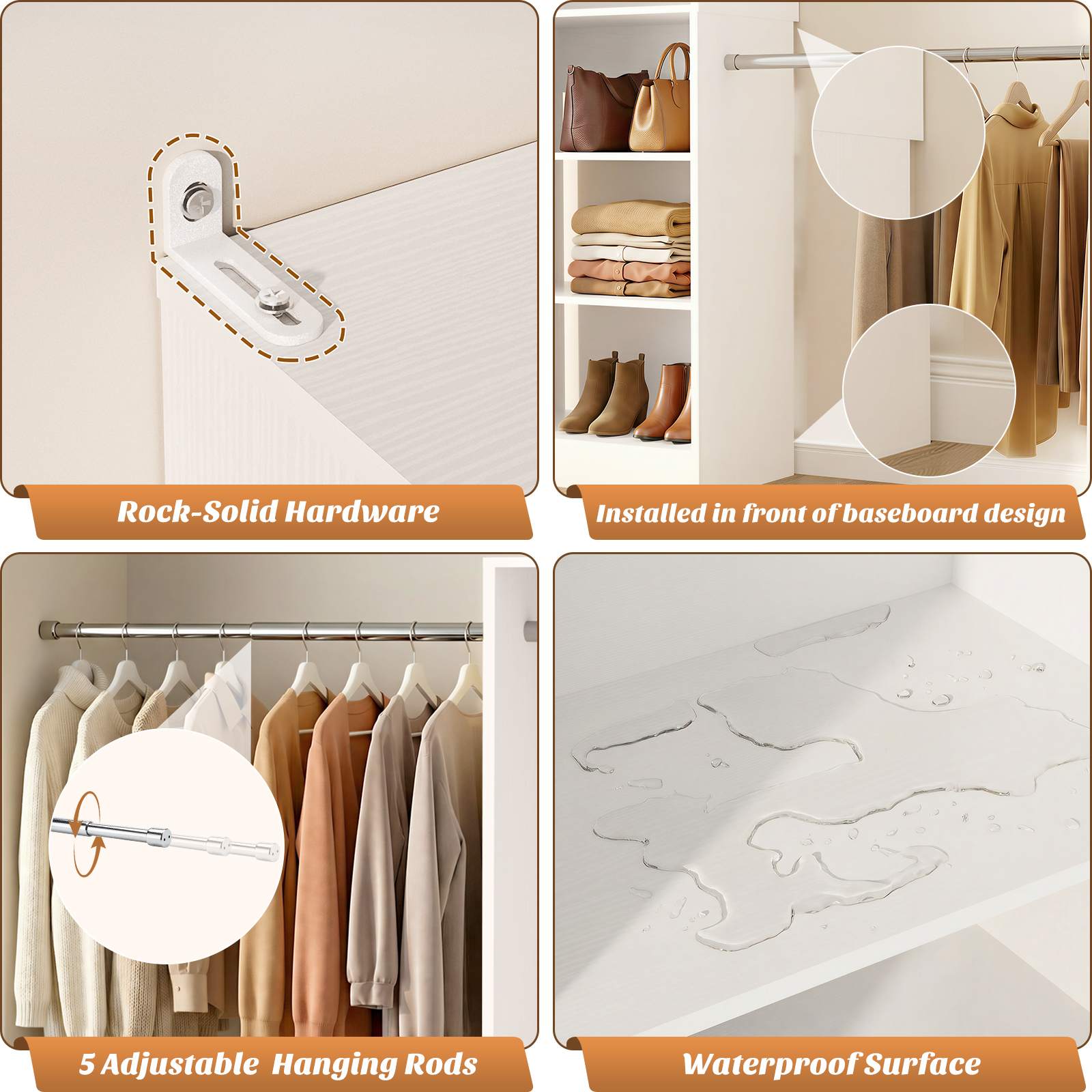 12FT Large Open Closet System, 138'' Wall-Mounted Closet Shelving with 5 Hanging Rods and 6 Shelves
