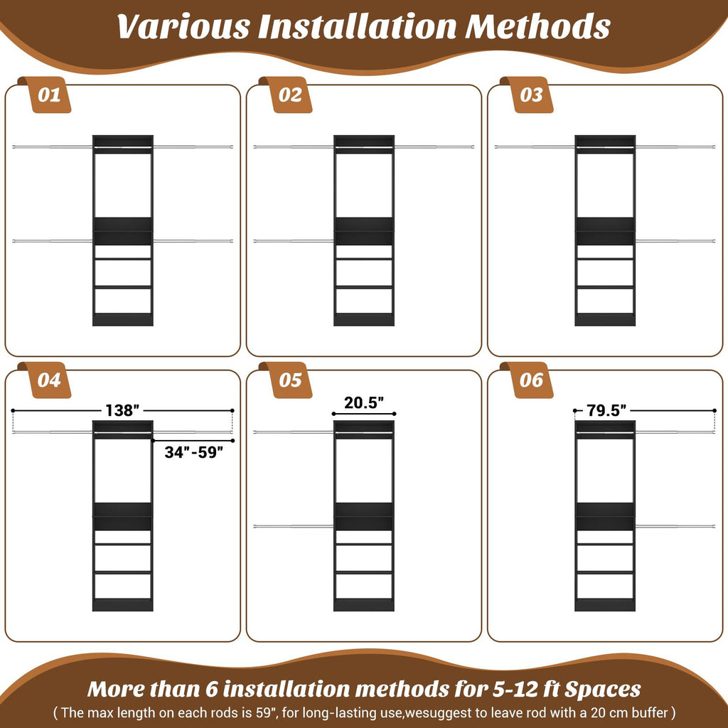 12FT Large Open Closet System, 138'' Wall-Mounted Closet Shelving with 5 Hanging Rods and 6 Shelves