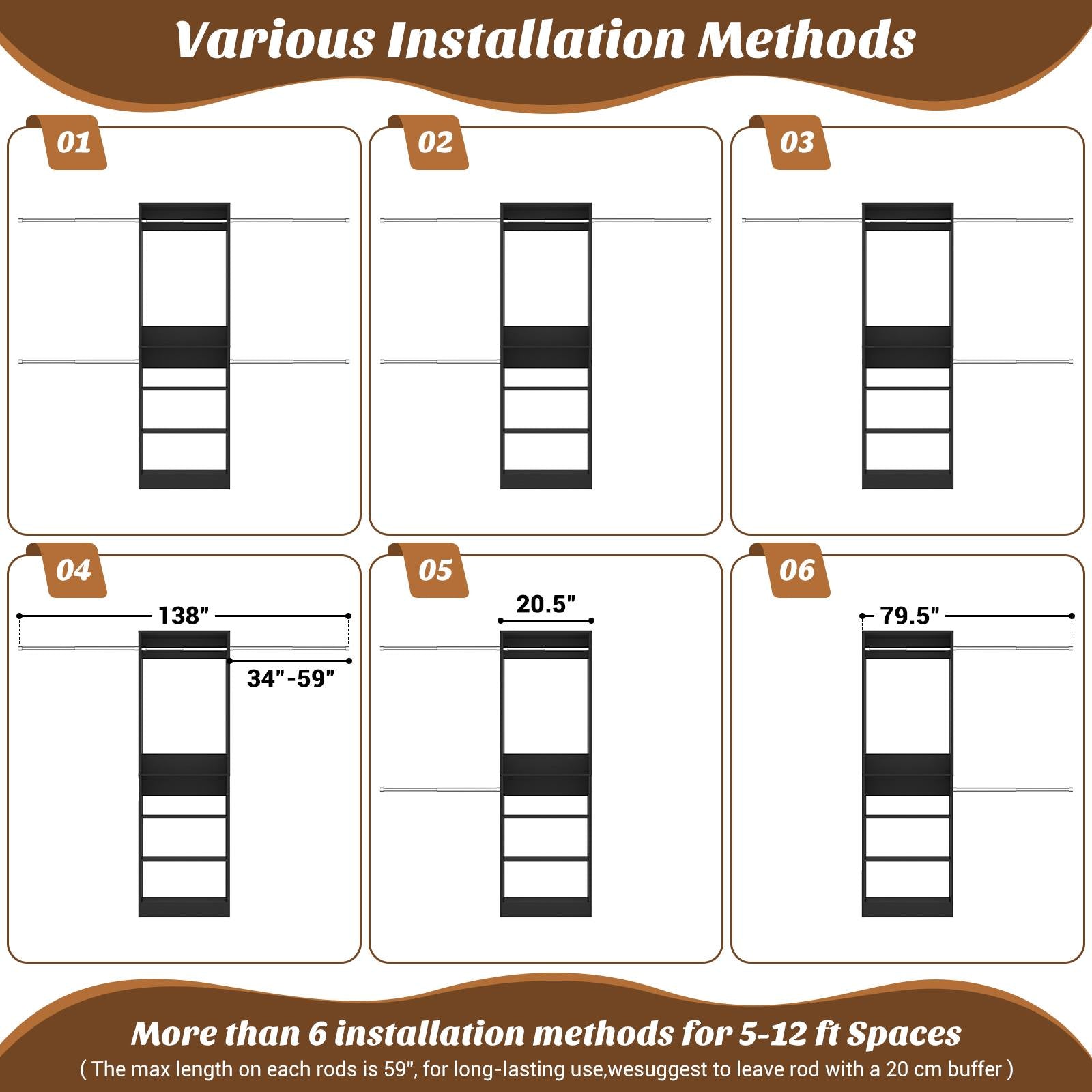 12FT Large Open Closet System, 138'' Wall-Mounted Closet Shelving with 5 Hanging Rods and 6 Shelves