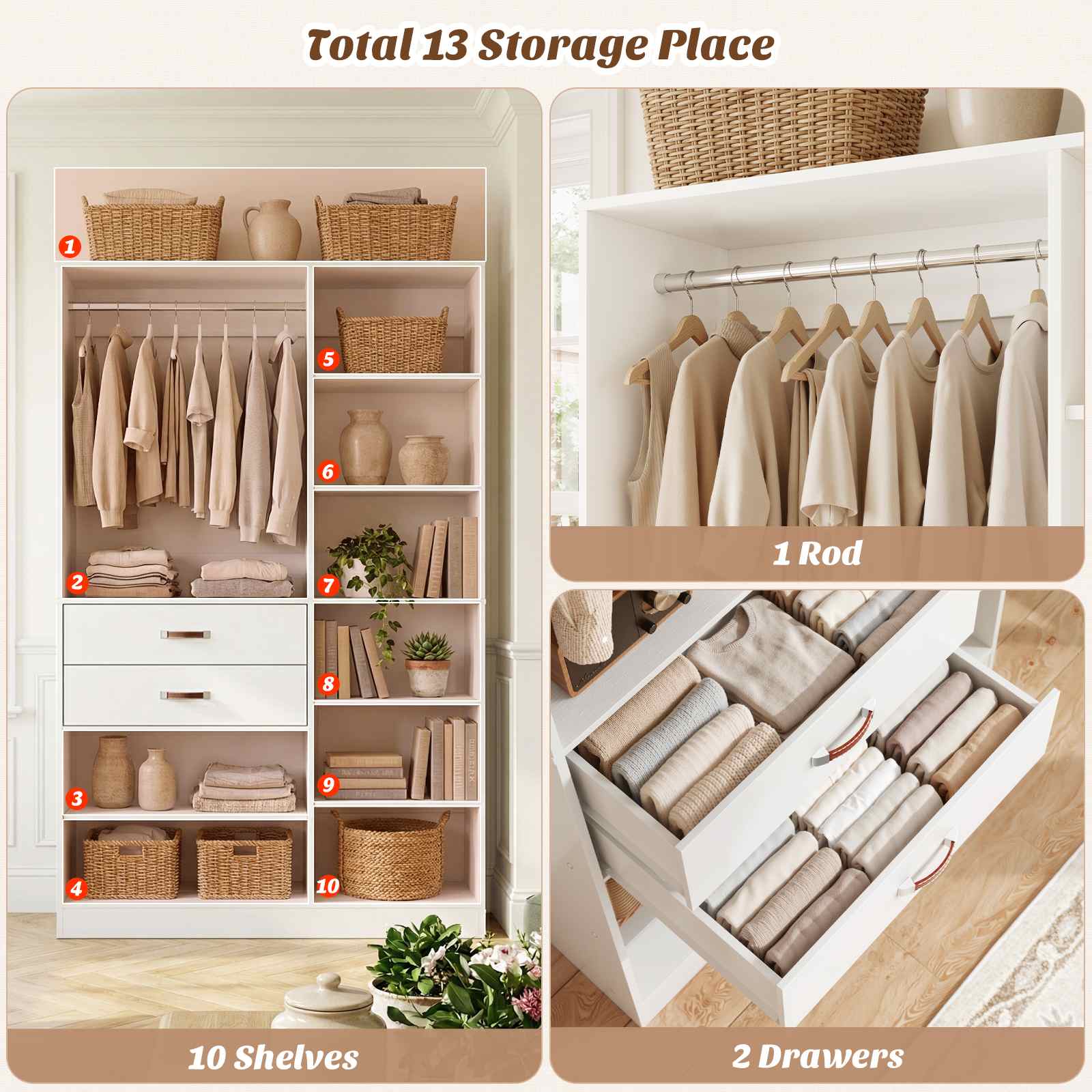 40'' Stand-Alone Closet System with 2 Wood Drawers, Garment Organizer System with Hanging Rod
