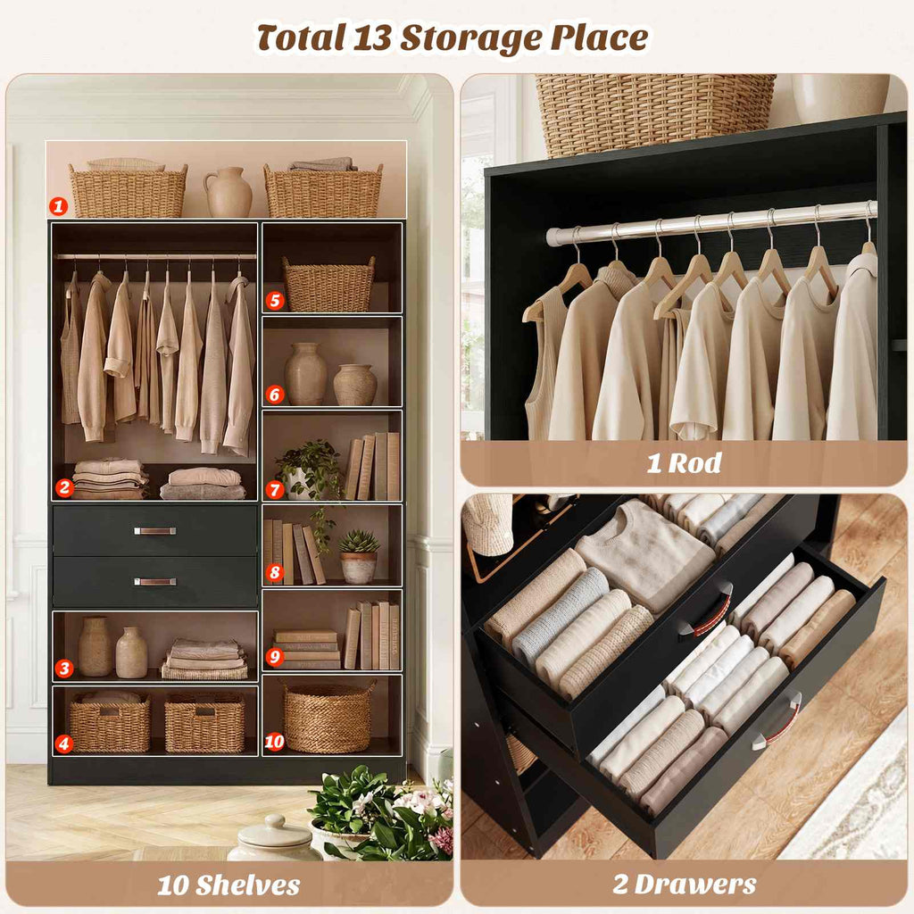 40'' Stand-Alone Closet System with 2 Wood Drawers, Garment Organizer System with Hanging Rod