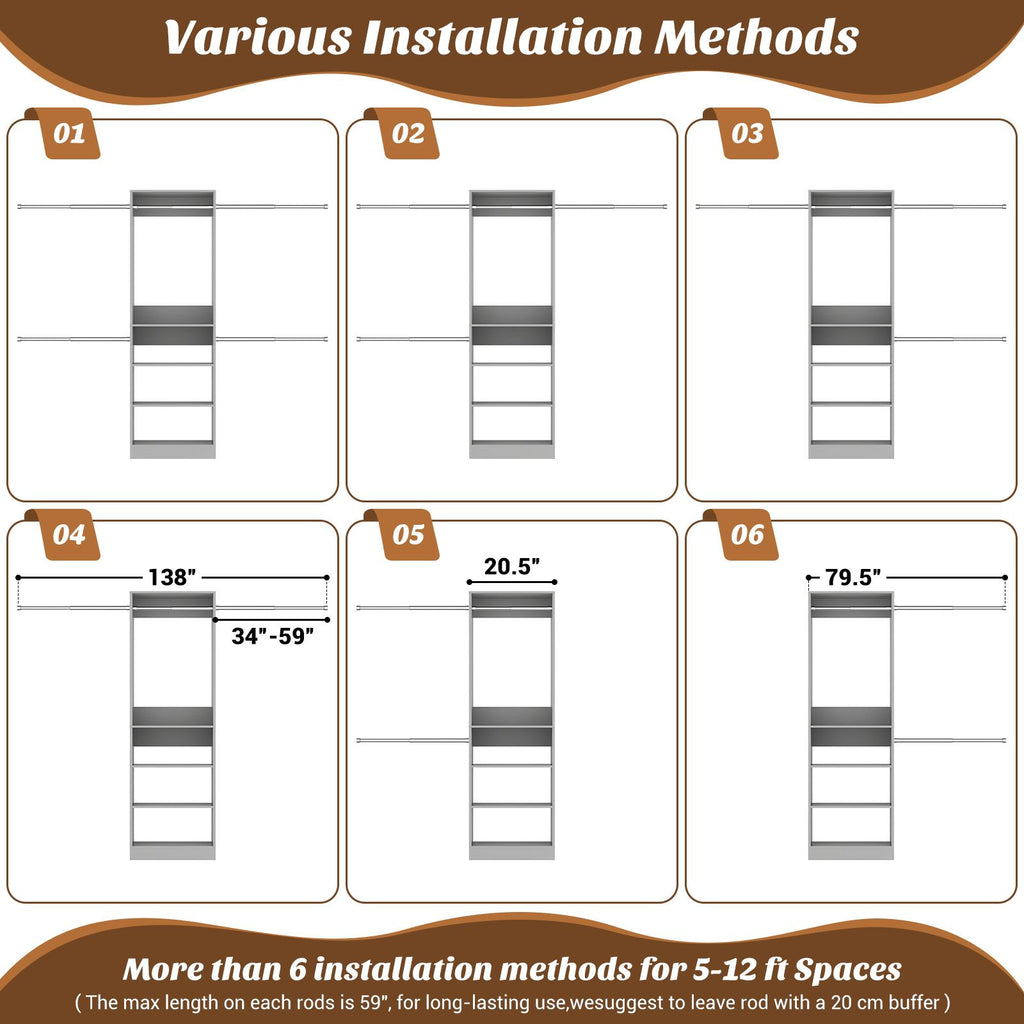 12FT Large Open Closet System, 138'' Wall-Mounted Closet Shelving with 5 Hanging Rods and 6 Shelves