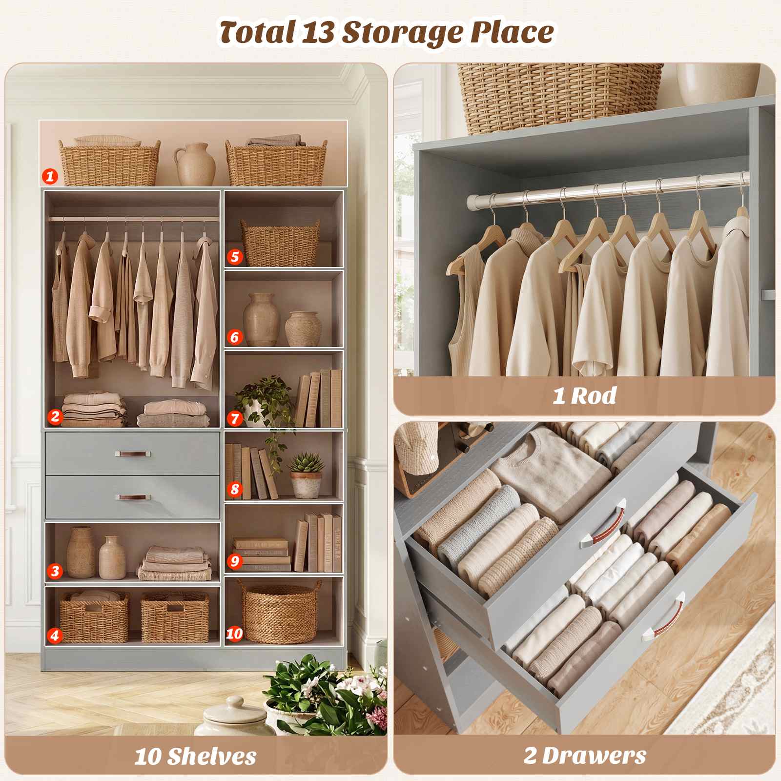 40'' Stand-Alone Closet System with 2 Wood Drawers, Garment Organizer System with Hanging Rod