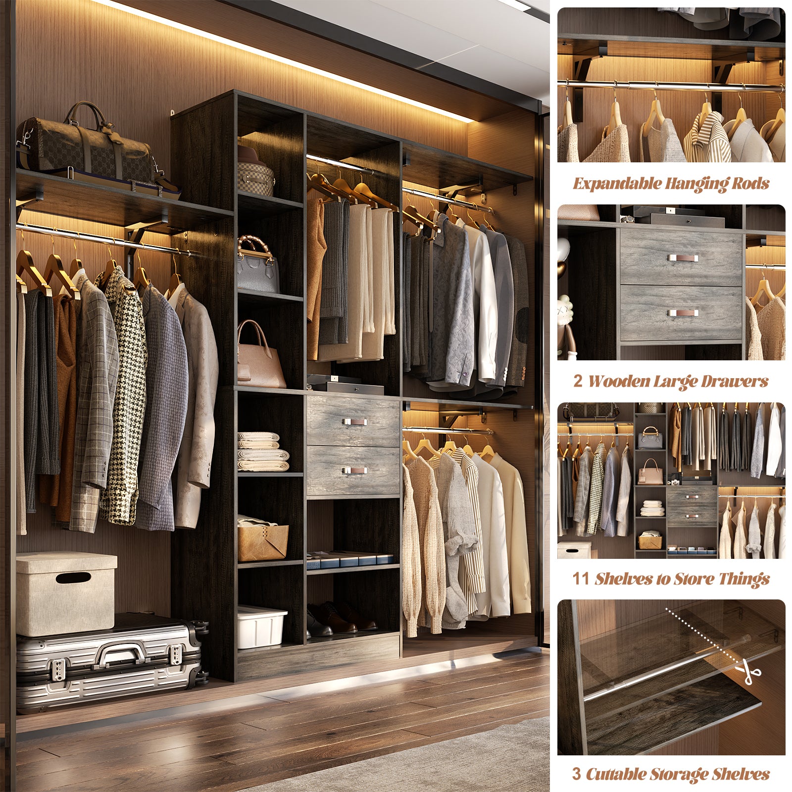 8FT Heavy Duty Wood Closet System with 2 Drawers & 4 Adjustable Hanging Rods & 9-Cube Shelving