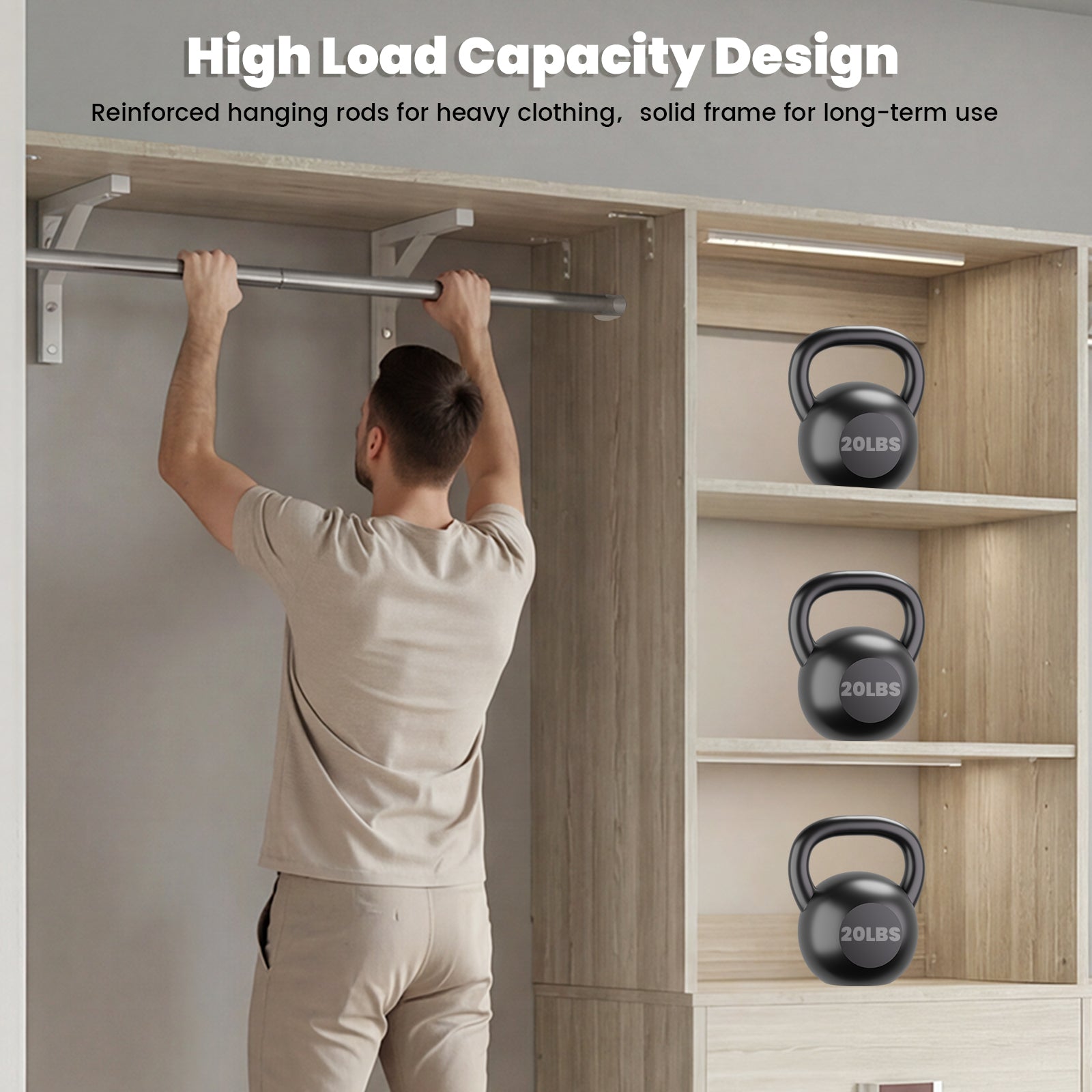 96" Wall Mounted Closet System with LED, Walk-In Style Wood Closet Organizer Cut to Fit 4-8FT with 3 Drawers & Top Shelf