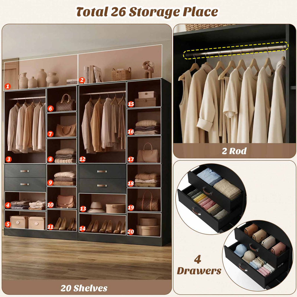 80'' Stand-Alone Closet System with 4 Wood Drawers, Garment Organizer System with Hanging Rod