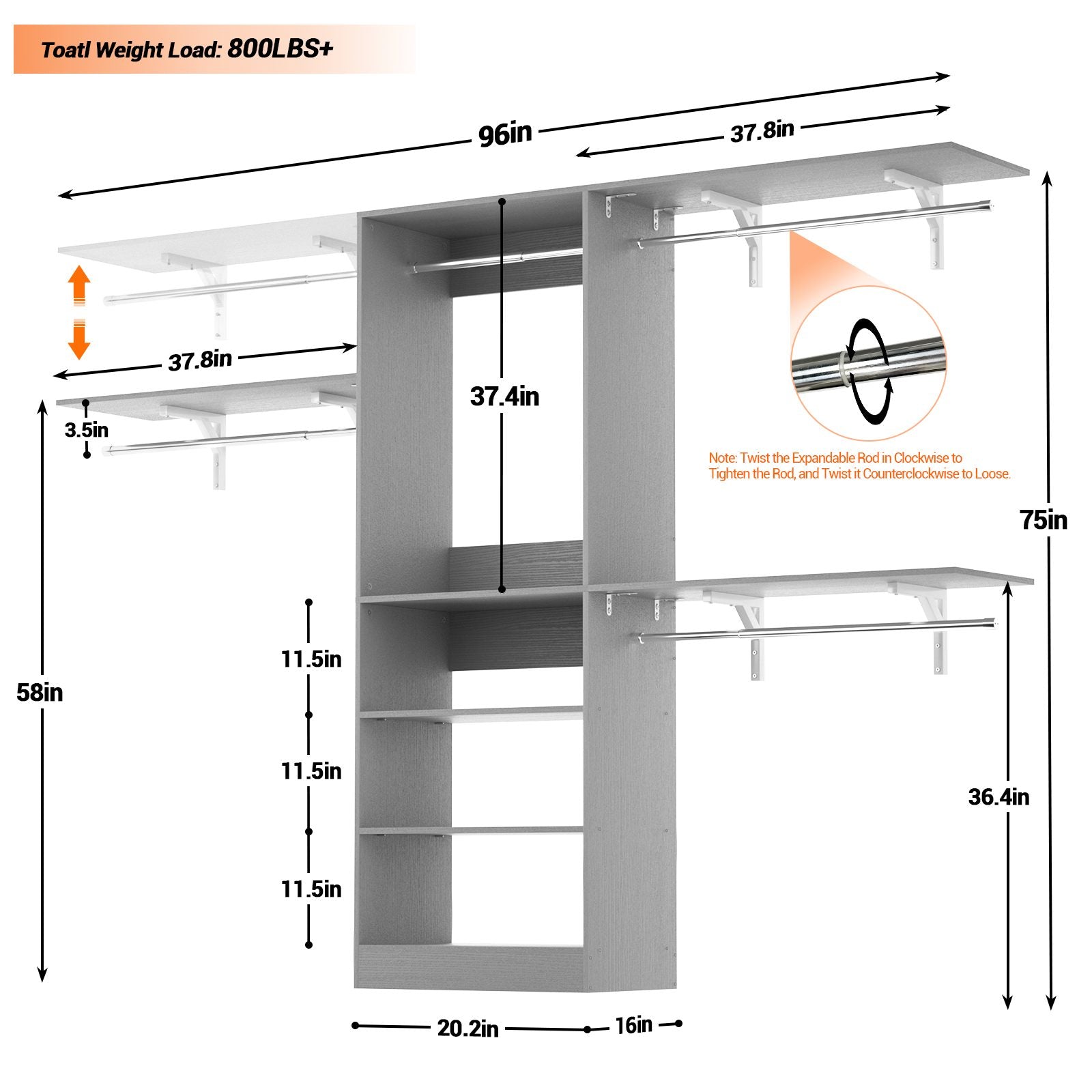 96'' Closet System with 3 Hanging Rods, Adjustable Cloth Garment Rack from 5 to 8FT