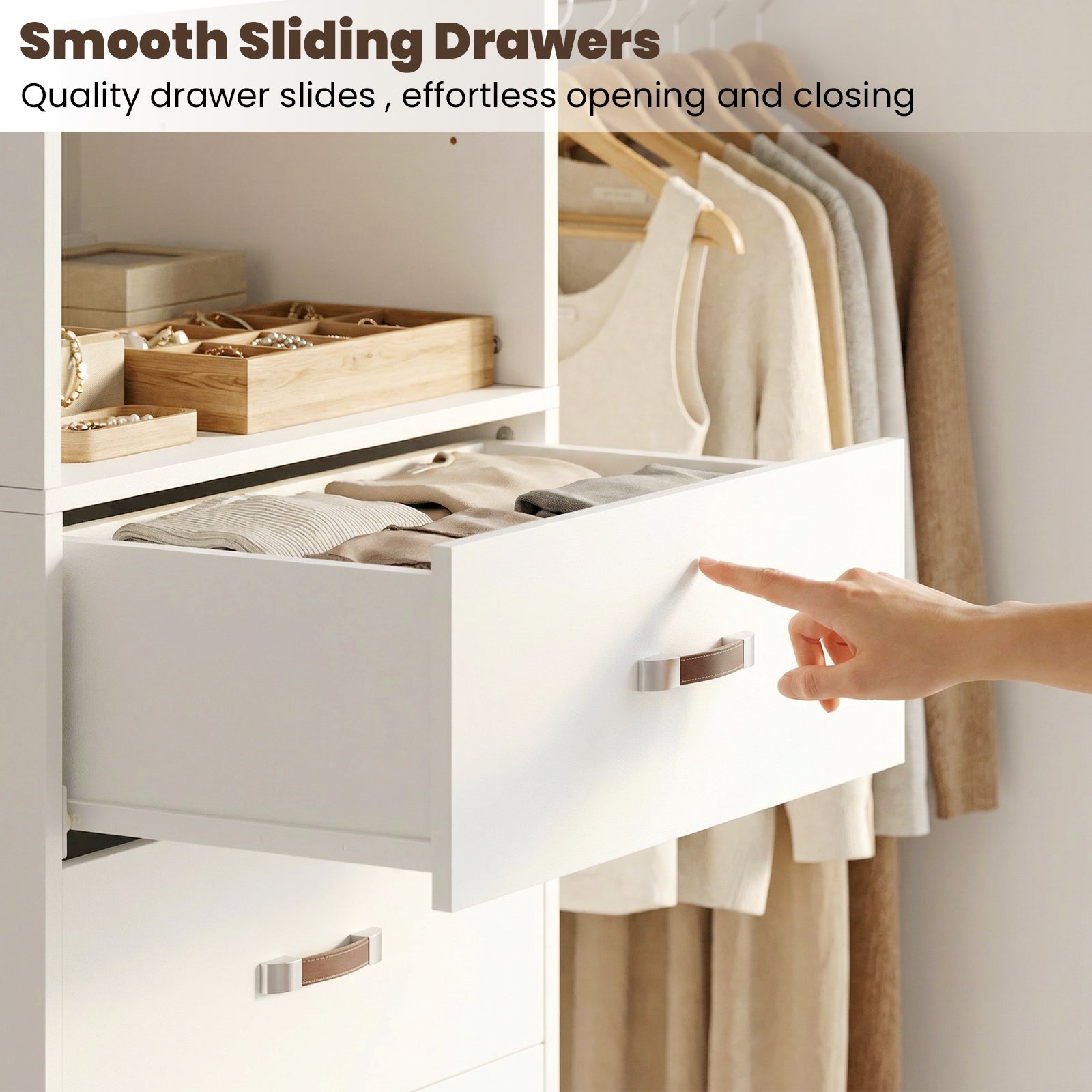 96" Wall Mounted Closet System with LED, Walk-In Style Wood Closet Organizer Cut to Fit 4-8FT with 3 Drawers & Top Shelf