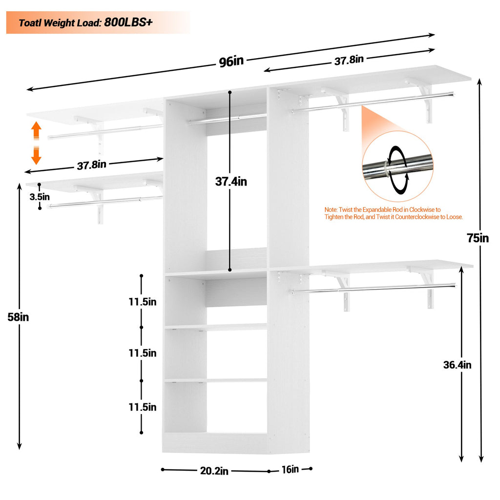 96'' Closet System with 3 Hanging Rods, Adjustable Cloth Garment Rack from 5 to 8FT
