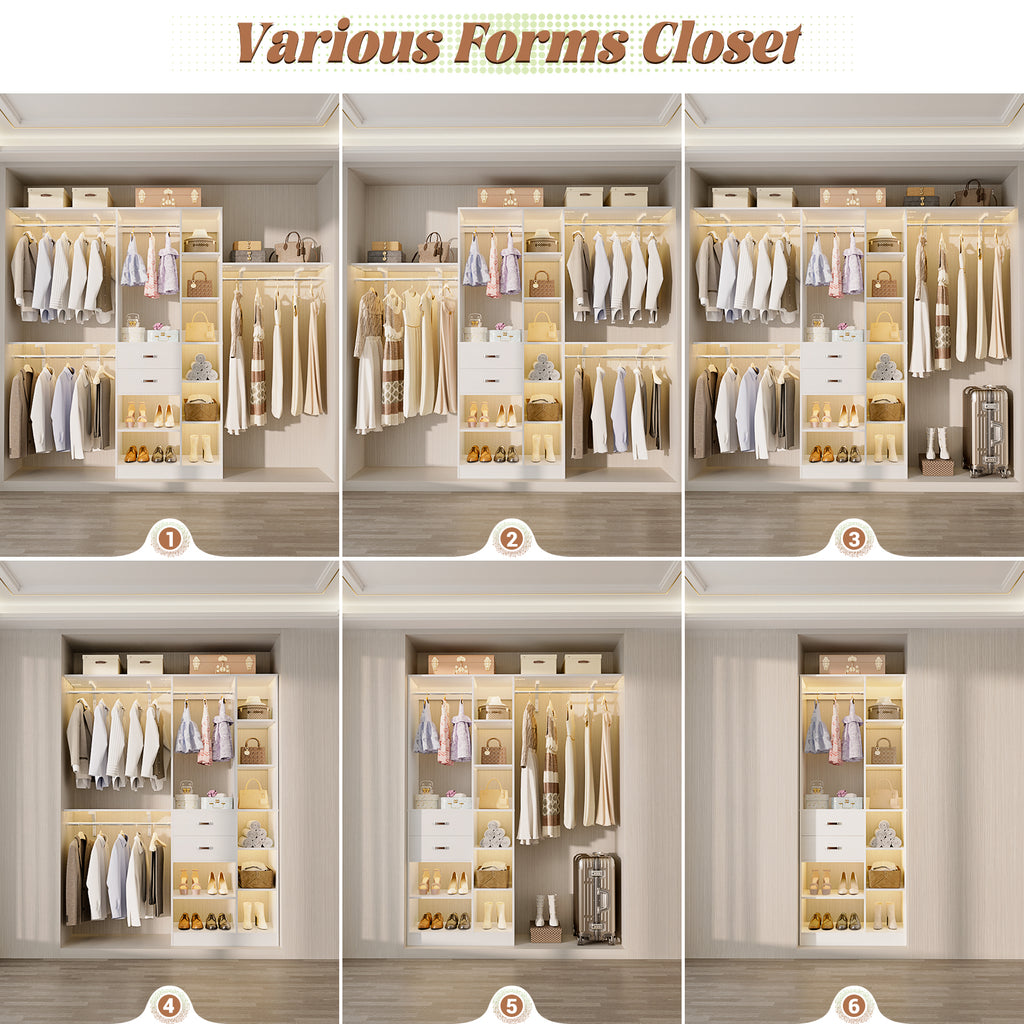 8FT Heavy Duty Wood Closet System with 2 Drawers & 4 Adjustable Hanging Rods & 9-Cube Shelving