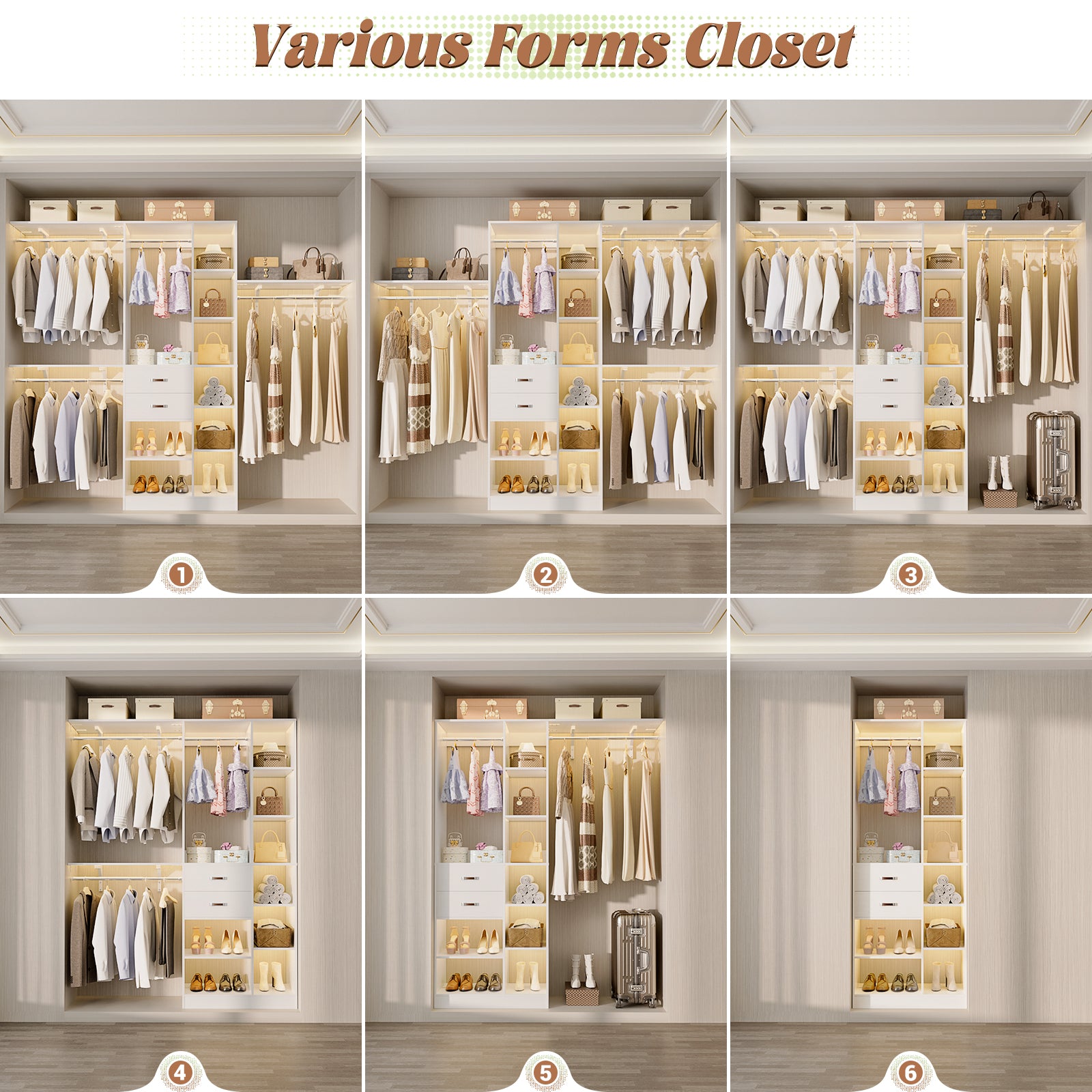 8FT Heavy Duty Wood Closet System with 2 Drawers & 4 Adjustable Hanging Rods & 9-Cube Shelving