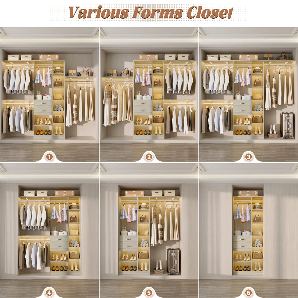 8FT Heavy Duty Wood Closet System with 2 Drawers & 4 Adjustable Hanging Rods & 9-Cube Shelving