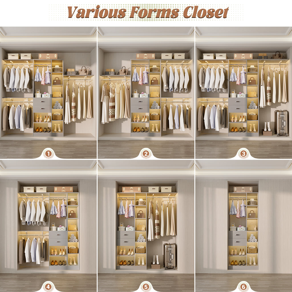 8FT Heavy Duty Wood Closet System with 2 Drawers & 4 Adjustable Hanging Rods & 9-Cube Shelving